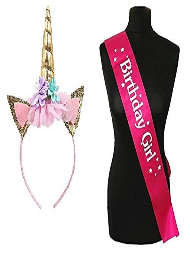 FAVELA Unicorn Headband With Pink Satin Sash Girls Happy Birthday Decoration for Girls | Cute Unicorn Hairband with Cat Ears and Flowers | Small Kids Hair Accessories Set Ideal for Party - Image 1